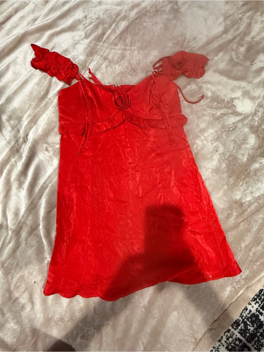 wild fable Red Satin Slip Dress with Rosette Detail